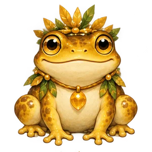 River Champion, a golden frog with a leafy crown