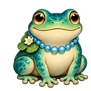Lagoon Pearls, a turquoise frog wearing a pearl necklace
