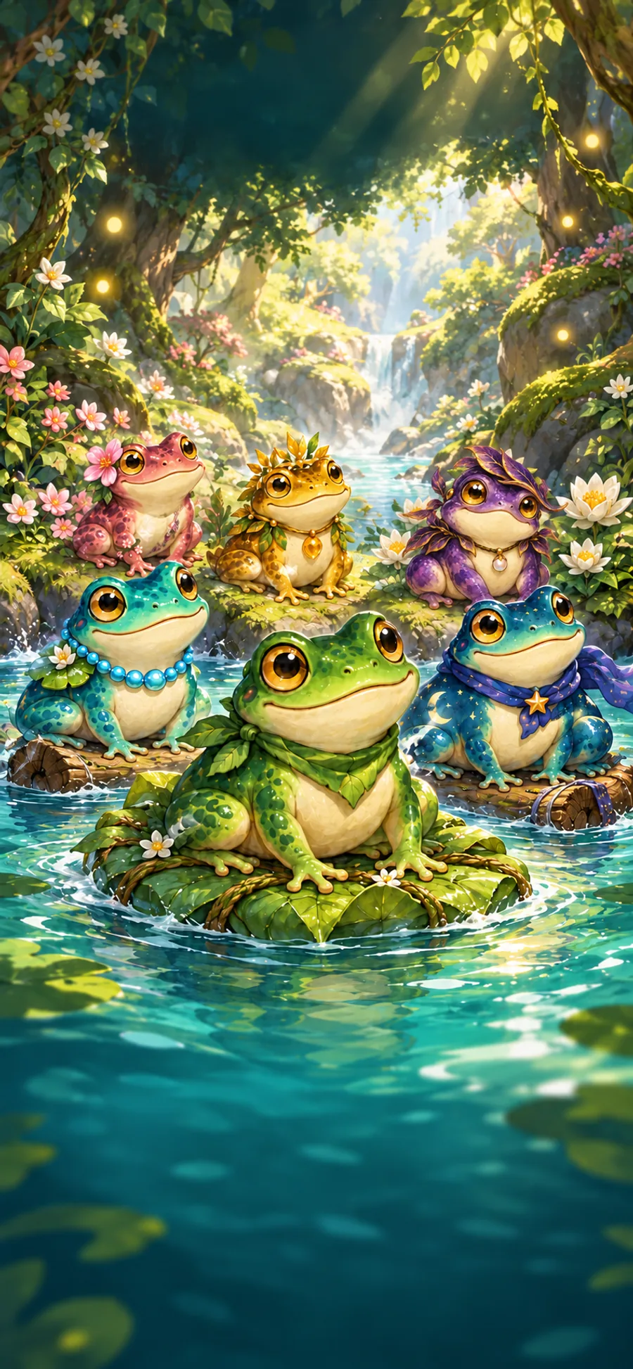 The six Lost Frog companions beside a jade river, surrounded by forest flowers and fireflies